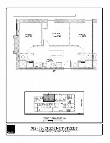 Floor plan for 2 beds, 2 baths, 629 sqft