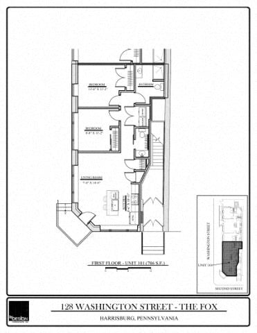 Floor plan for 2 beds, 2 baths, 786 sqft