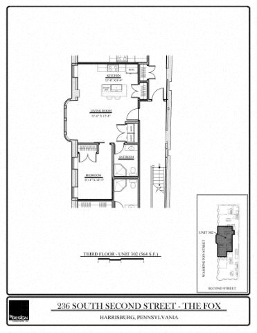 Floor plan for 1 bed, 1 bath, 564 sqft