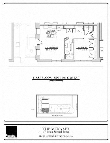 Floor plan for 1 bed, 1 bath, 726 sqft