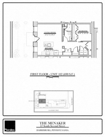 Floor plan for 1 bed, 1 bath, 690 sqft