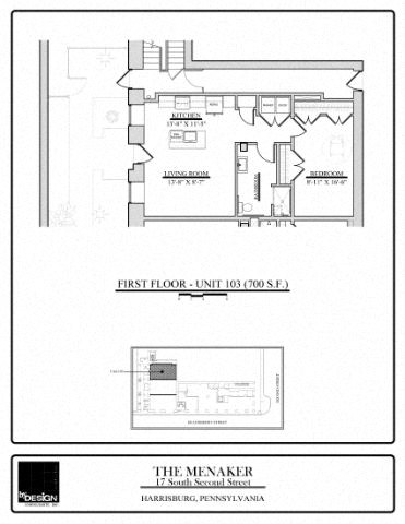 Floor plan for 1 bed, 1 bath, 700 sqft