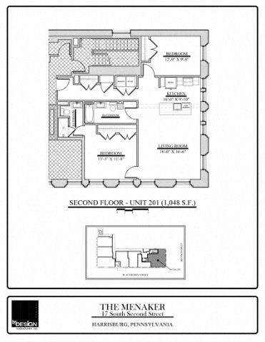 Floor plan for 2 beds, 2 baths, 1048 sqft