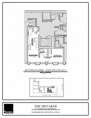 Floor plan for 1 bed, 1 bath, 393 sqft