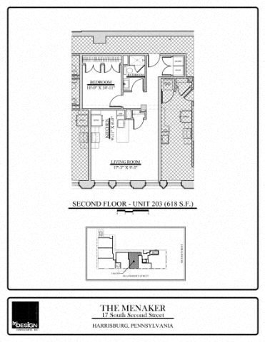 Floor plan for 1 bed, 1 bath, 618 sqft