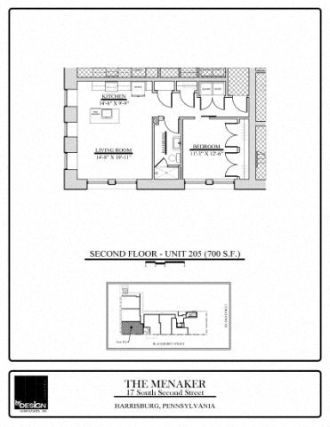 Floor plan for 1 bed, 1 bath, 700 sqft