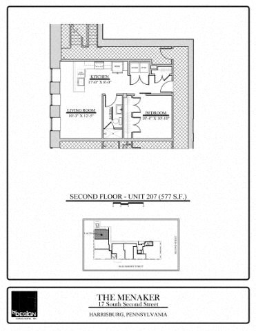 Floor plan for 1 bed, 1 bath, 577 sqft