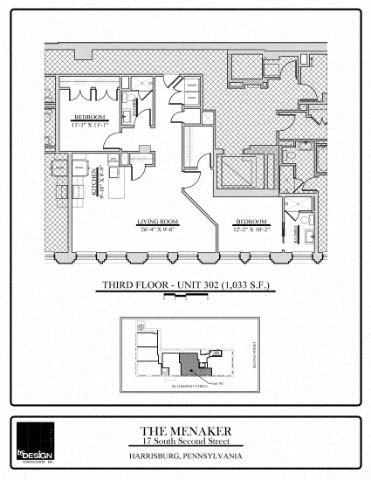 Floor plan for 2 beds, 2 baths, 1033 sqft