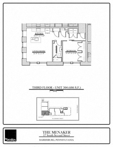 Floor plan for 1 bed, 1 bath, 686 sqft