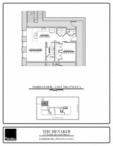 Floor plan for 1 bed, 1 bath, 570 sqft