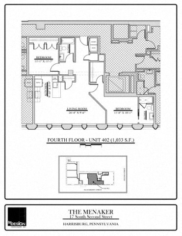 Floor plan for 2 beds, 2 baths, 1033 sqft