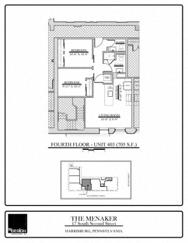 Floor plan for 2 beds, 1.5 baths, 705 sqft