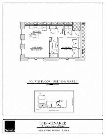 Floor plan for 1 bed, 1 bath, 715 sqft