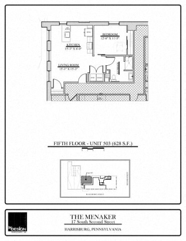 Floor plan for 1 bed, 1 bath, 628 sqft