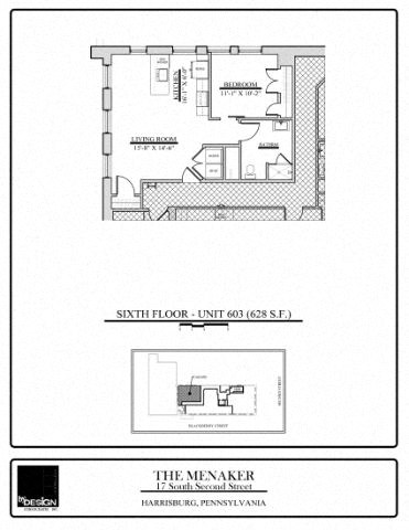 Floor plan for 1 bed, 1 bath, 628 sqft