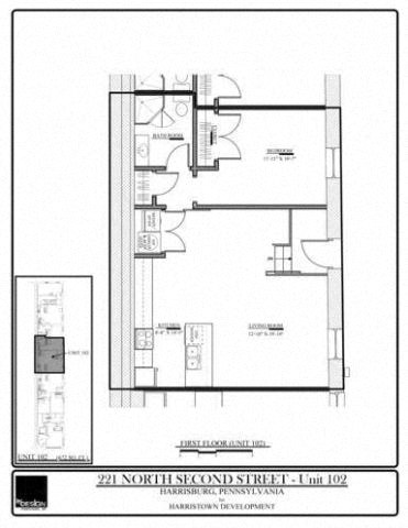 Floor plan for 1 bed, 1 bath, 672 sqft