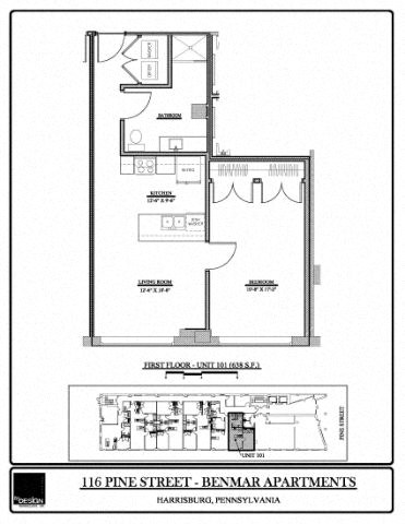 Floor plan for 1 bed, 1 bath, 638 sqft