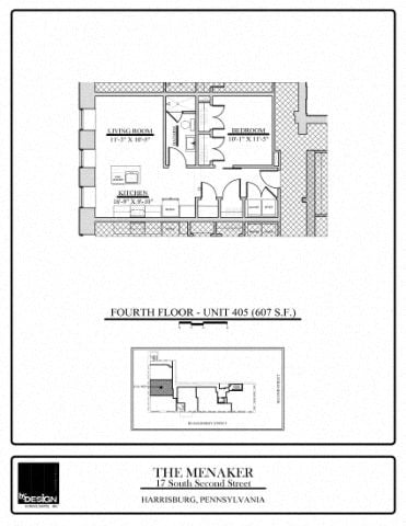 Floor plan for 1 bed, 1 bath, 607 sqft