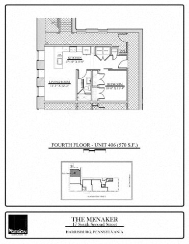 Floor plan for 1 bed, 1 bath, 570 sqft