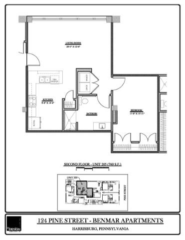 Floor plan for 1 bed, 1 bath, 760 sqft
