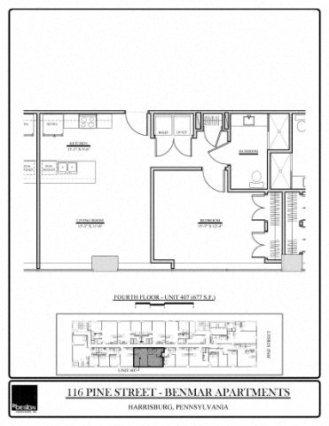 Floor plan for 1 bed, 1 bath, 677 sqft