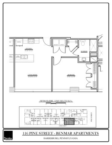 Floor plan for 1 bed, 1 bath, 733 sqft