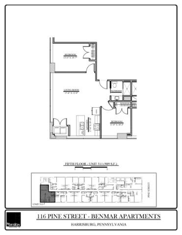 Floor plan for 2 beds, 1 bath, 909 sqft