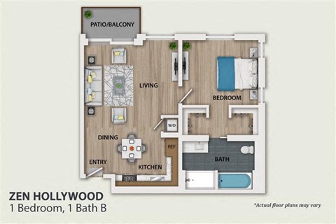 Floor plan for 1 bed, 1 bath, 762 sqft