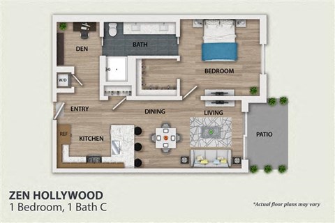 Floor plan for 1 bed, 1 bath, 911 sqft
