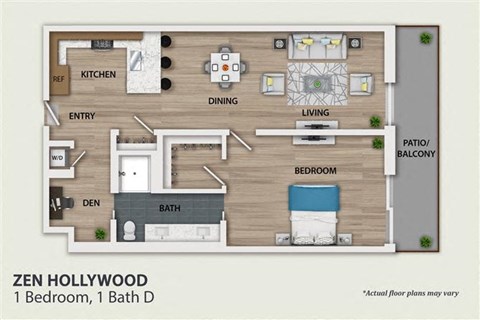 Floor plan for 1 bed, 1 bath, 951 sqft