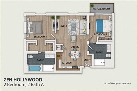 Floor plan for 2 beds, 2 baths, 1229 sqft