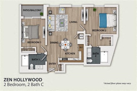 Floor plan for 2 beds, 2 baths, 1441 sqft