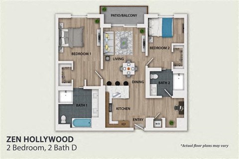 Floor plan for 2 beds, 2 baths, 1265 sqft