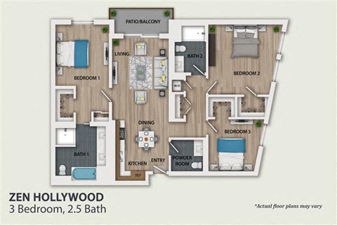 Floor plan for 3 beds, 2.5 baths, 1657 sqft