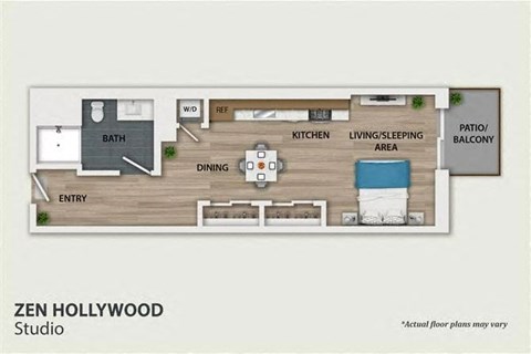 Floor plan for studio, 1 bath, 589 sqft