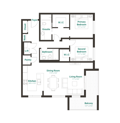 Floor plan for 2 beds, 2 baths, 1082 sqft
