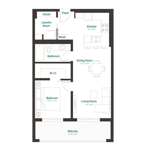 Floor plan for 1 bed, 1 bath, 634 sqft