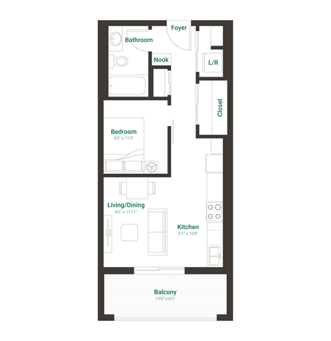 Floor plan for studio, 1 bath, 455 sqft
