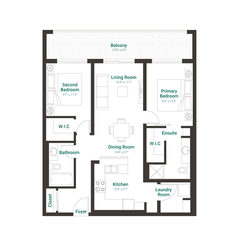 Floor plan for 2 beds, 2 baths, 870 sqft