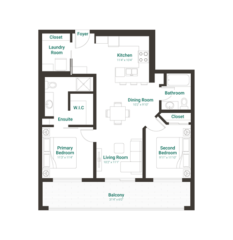 Floor plan for 2 beds, 2 baths, 845 sqft