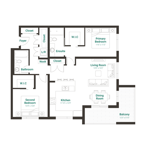 Floor plan for 2 beds, 2 baths, 1082 sqft