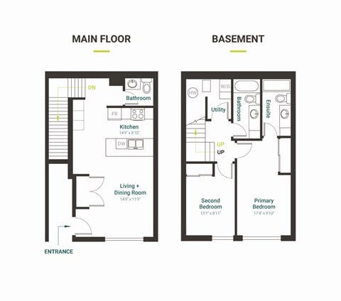 Floor plan for 2 beds, 2.5 baths, 1031 sqft