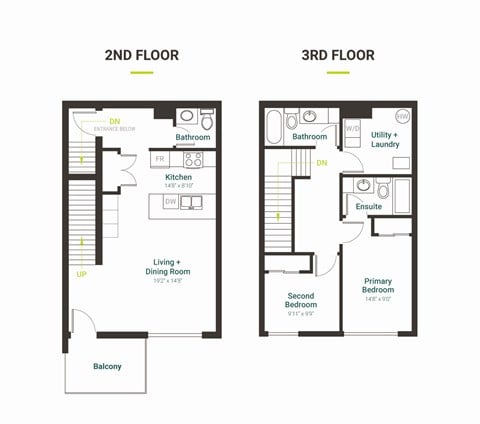 Floor plan for 2 beds, 2.5 baths, 1126 sqft