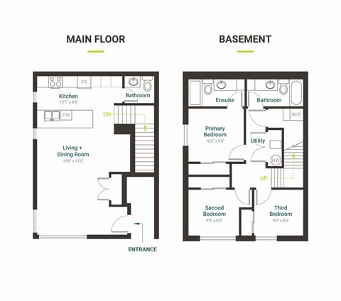 Floor plan for 3 beds, 2.5 baths, 1168 sqft