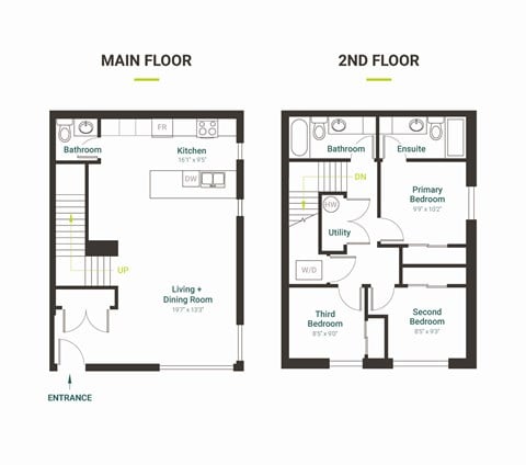 Floor plan for 3 beds, 2.5 baths, 1199 sqft