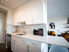 Edmonton apartment for rent - a kitchen with white cabinets and a sink