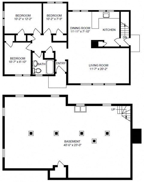 Floor plan for 3 beds, 1 bath, 990 sqft