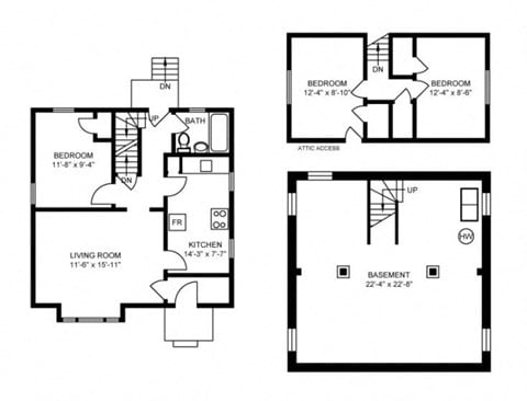 Floor plan for 3 beds, 1 bath, 861 sqft