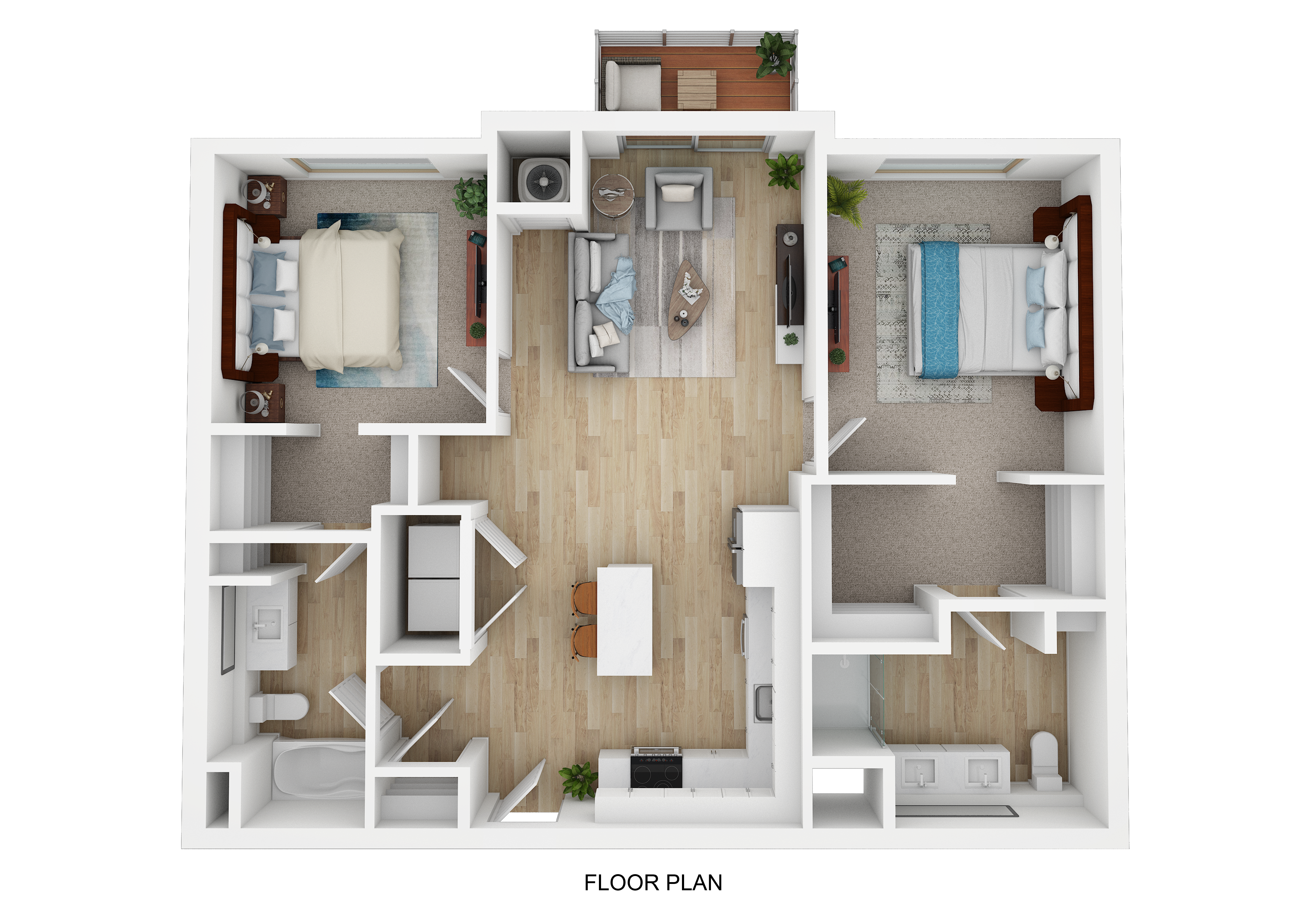 Floor plan for 2 beds, 2 baths, 1069 sqft