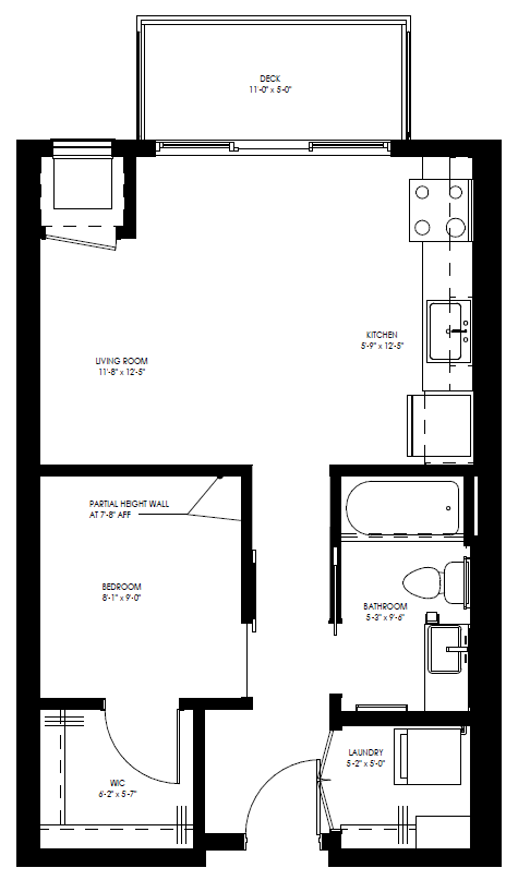 Floor plan for 1 bed, 1 bath, 535 sqft